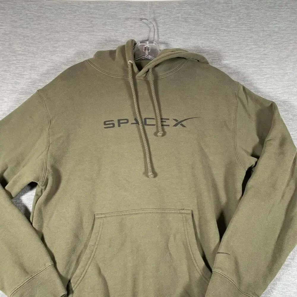 SpaceX Hoodie Mens Small Green Pullover Fleece Logo Kangaroo Pocket Sweatshirt